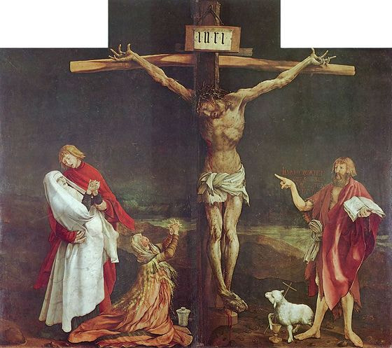 Isenheimer Altar, ehemals Hauptaltar des Antoniterklosters in Isenheim/Elsaß, Werktagsseite, Mittelbild: Kreuzigung Christi (Link zum Bild: https://commons.wikimedia.org/wiki/File:Mathis_Gothart_Gr%C3%BCnewald_022.jpg)